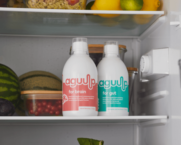 aguulp for gut and aguulp for brain supplement bottles in fridge